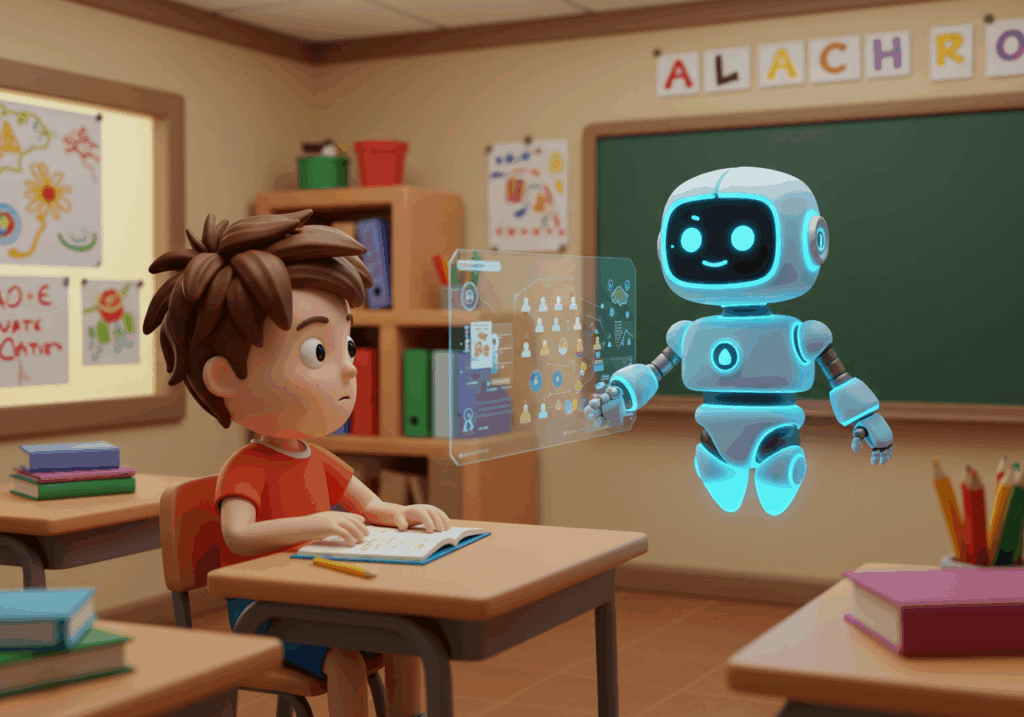 a 3d cartoon of an AI teaching a child in a classroom
