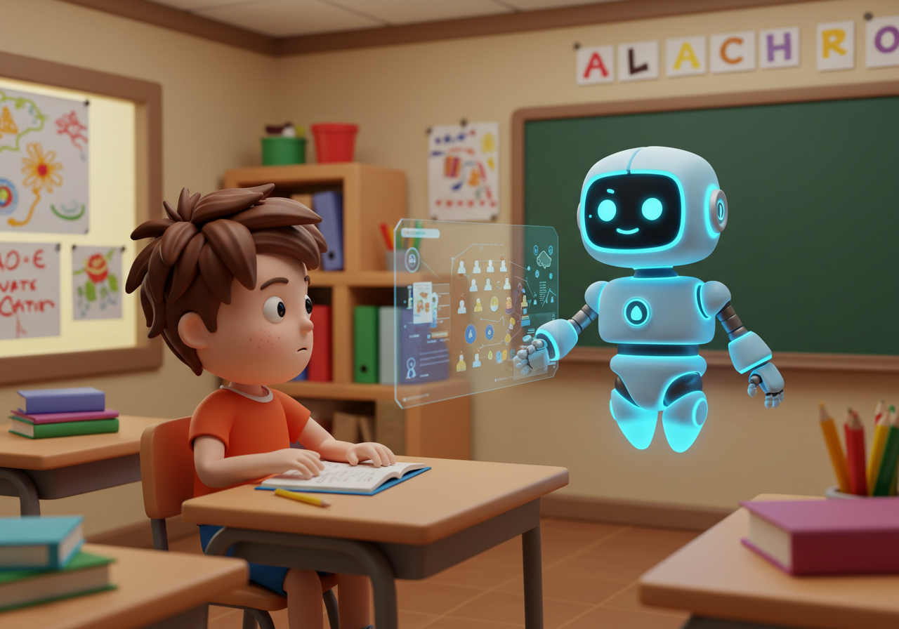 a 3d cartoon of an AI teaching a child in a classroom