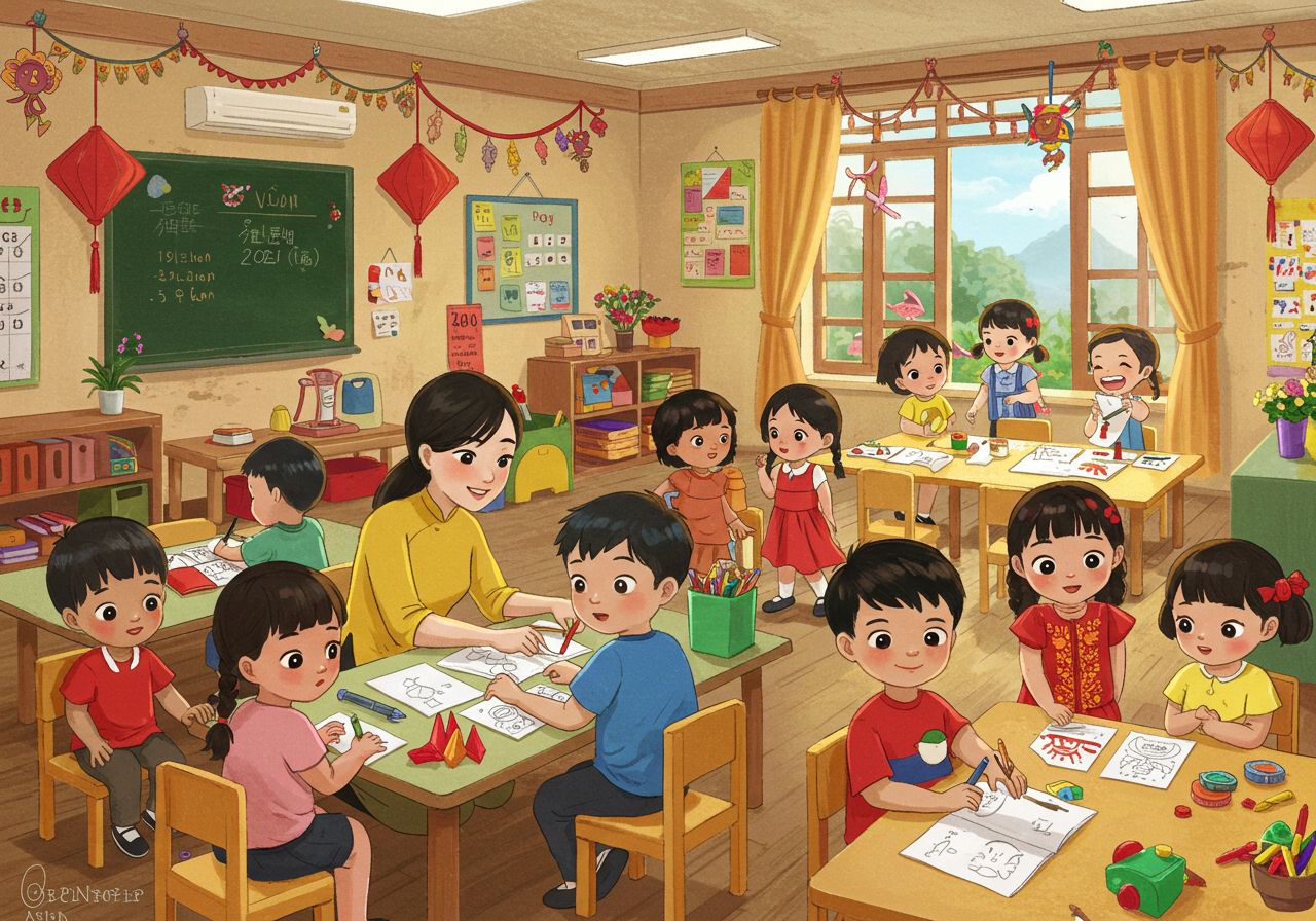 an illustration of a preschool classroom in asia